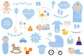 Cute newborn kids boy vector drawing. Set for a discharge from the hospital. Baby sleeps playing sucks pacifier. Cubes yula rattle